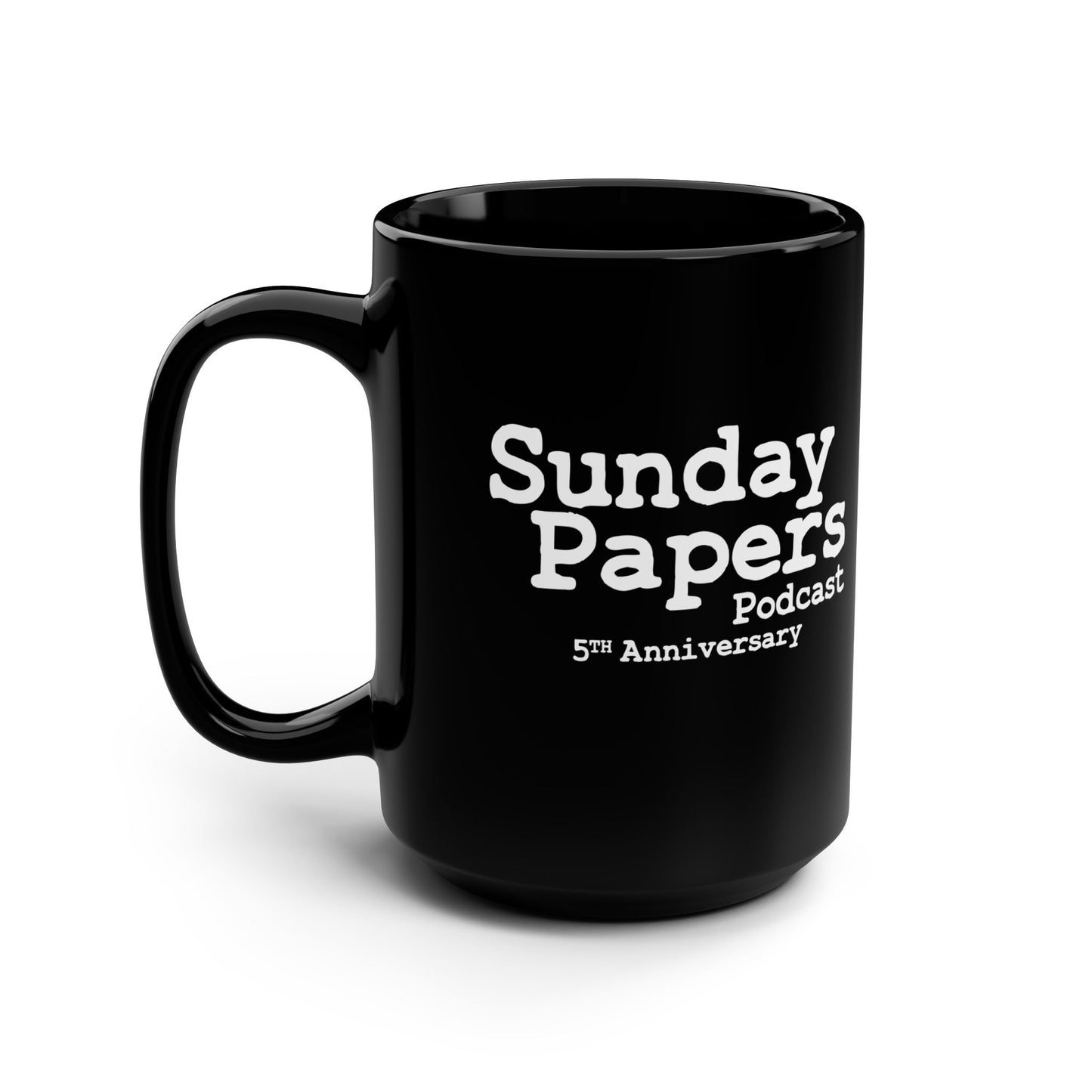 Sunday Papers 5th Anniversary Black Mug, 15oz