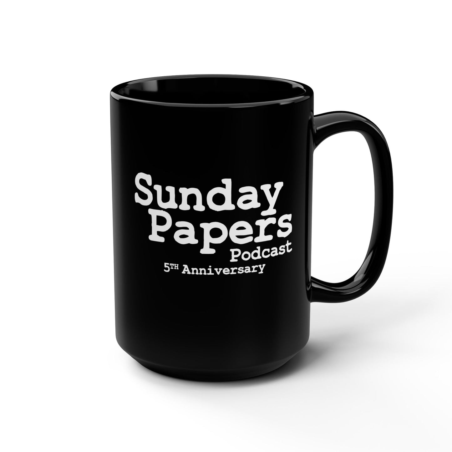 Sunday Papers 5th Anniversary Black Mug, 15oz