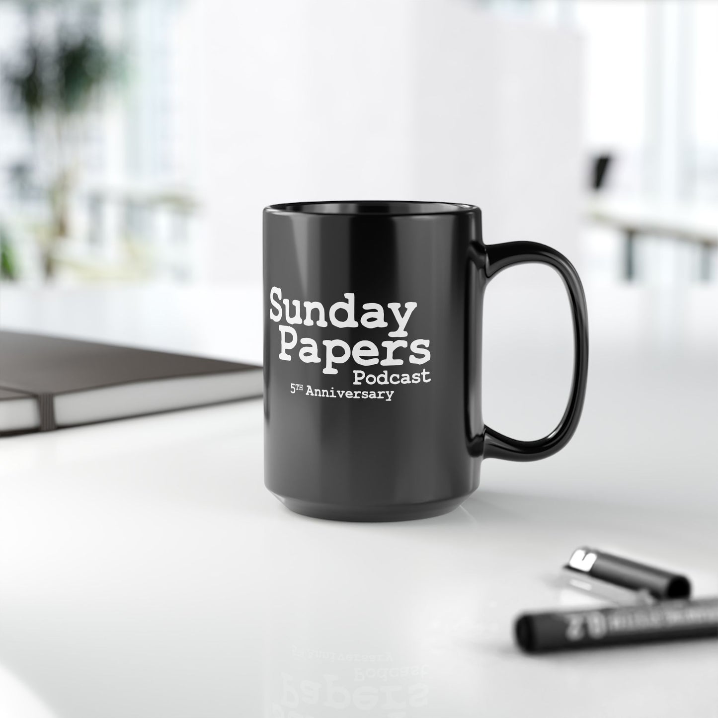 Sunday Papers 5th Anniversary Black Mug, 15oz